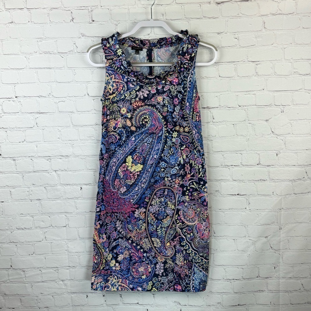 Talbots Dress Womens Size 2 Paisley Shift Sleeveless Ruffle Collar Zip Stretch
